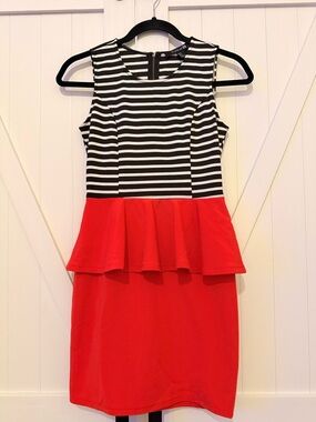 Forever 21 Black & White Striped Top with Red Peplum Mini Dress